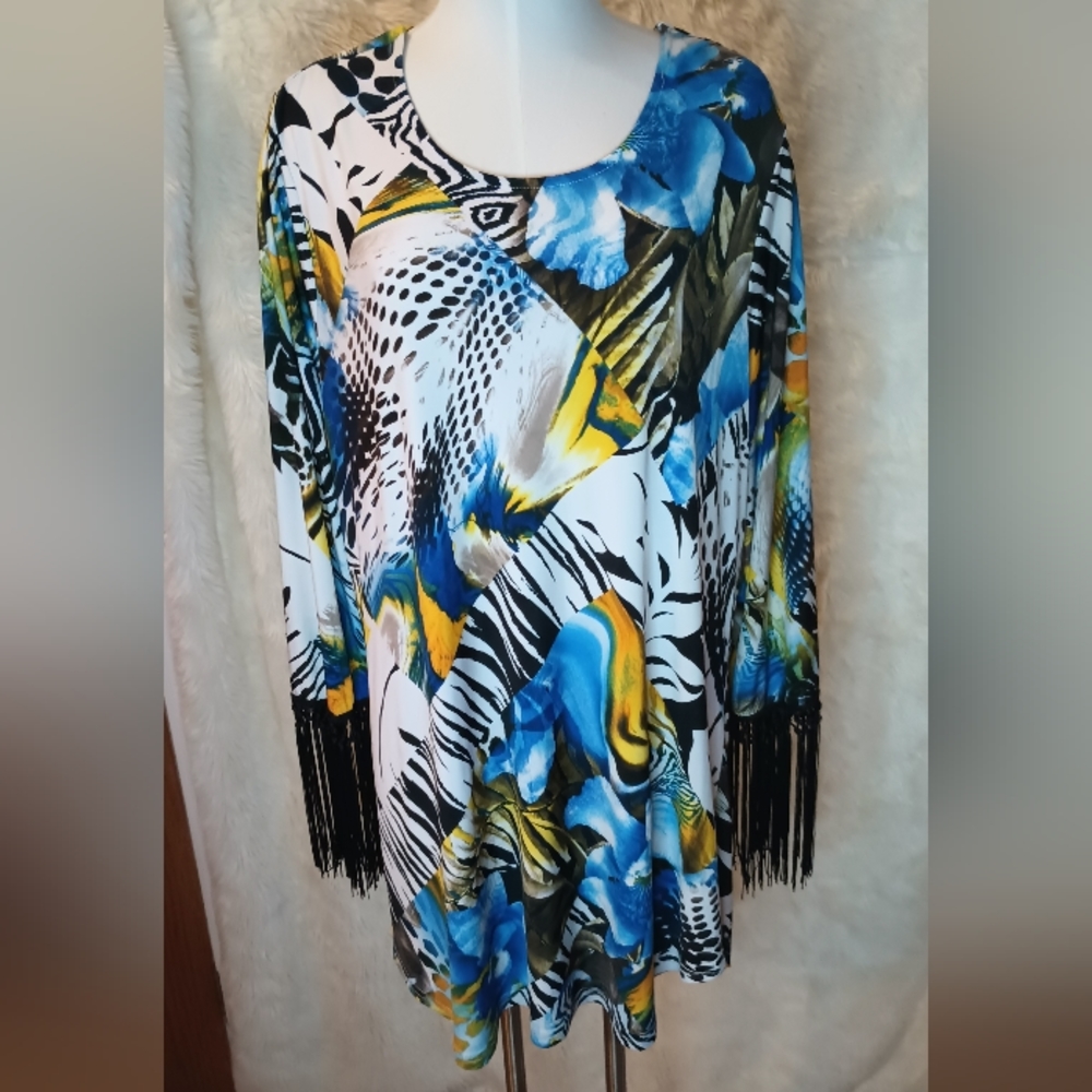 Regalia Tunic Blouse Top 3/4 Sleeve With Fringes Blue Women's 2X